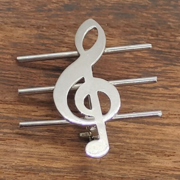 Vintage Sterling Silver Treble Clef Brooch Pin Signed A Musical Note Staff - Picture 1 of 4